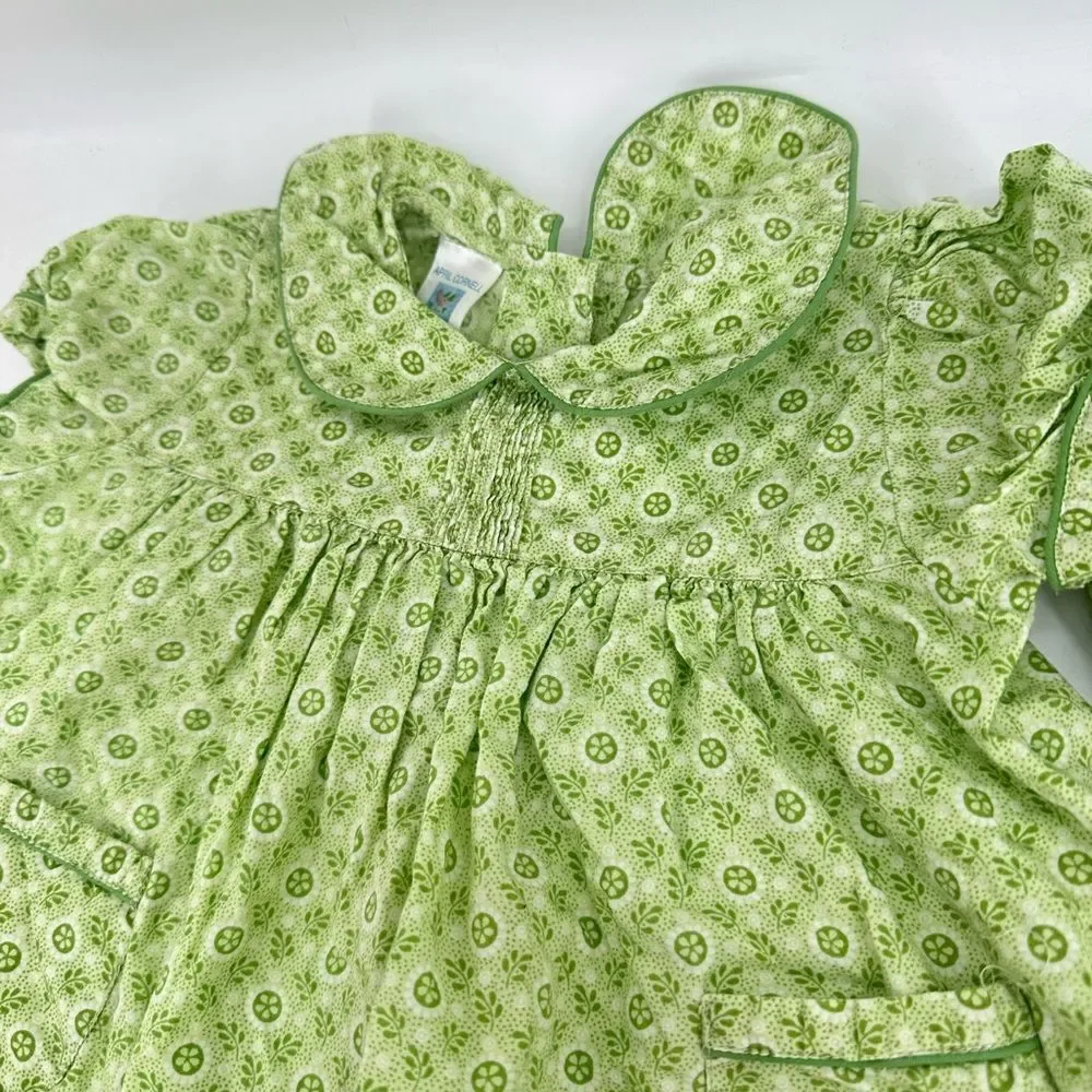 Vtg April Cornell Green Floral Baby Dress Collared With Bloomers Sz 12-18 Month